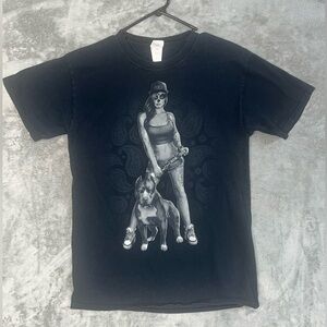 Black Graphic Skull Girl Pitbull T-Shirt Men’s Tattoo Streetwear Size‎ M